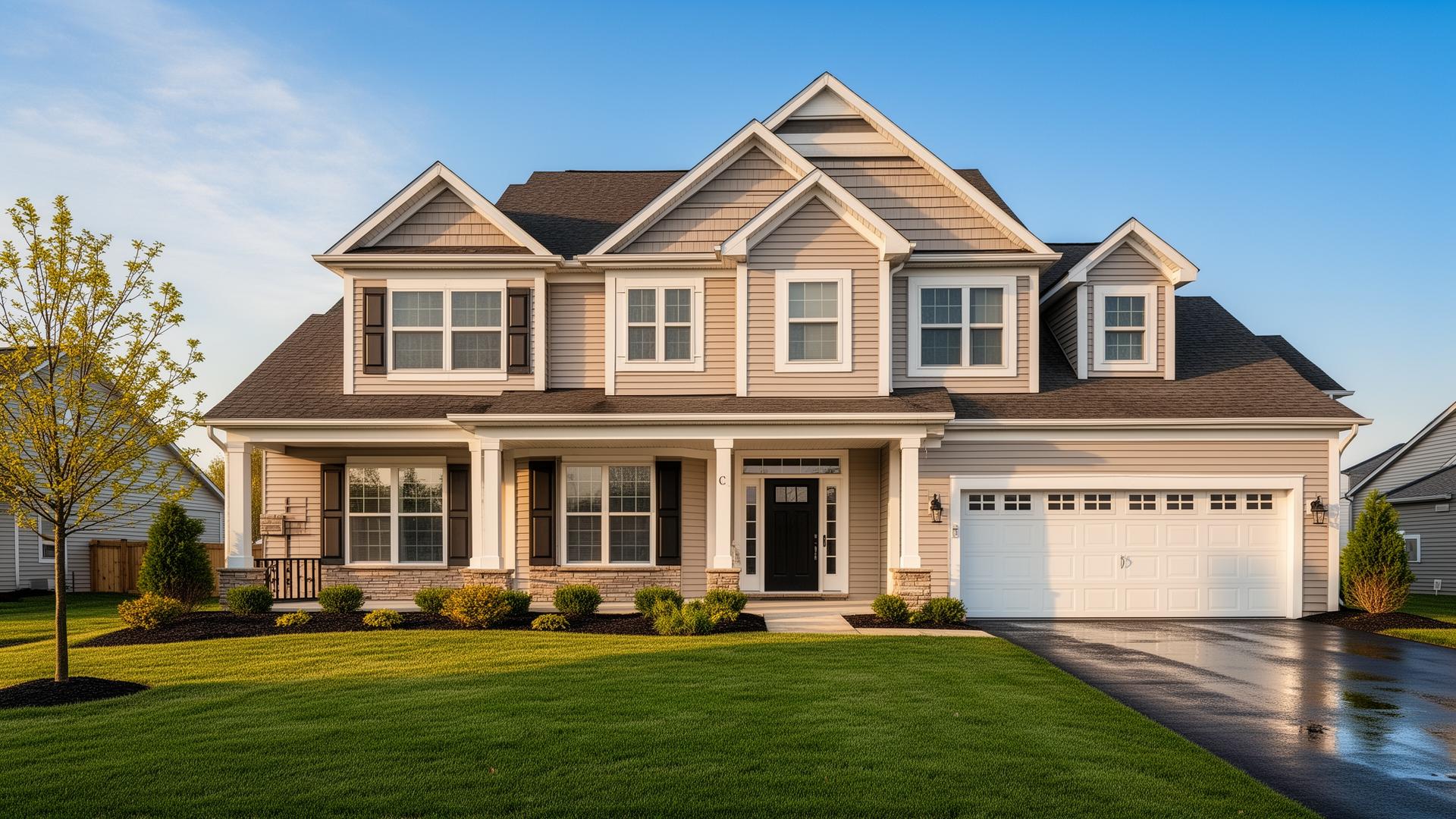 Freshly powerwashed two-story home with bright clean siding